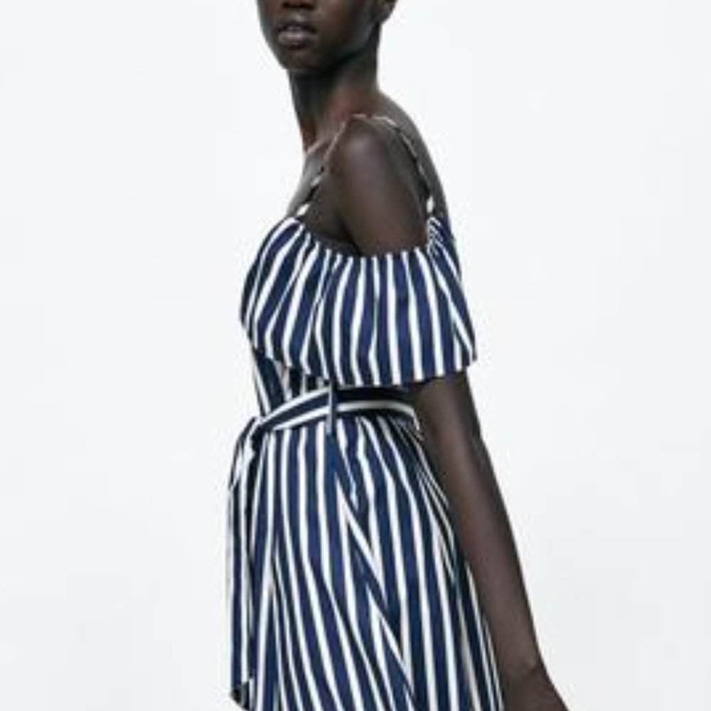ZARA Cold Shoulder Nautical Navy Blue White Stripe Cotton Midi Dress - Picture 5 of 13